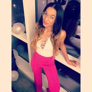 Hot pink high-waisted wide leg pants